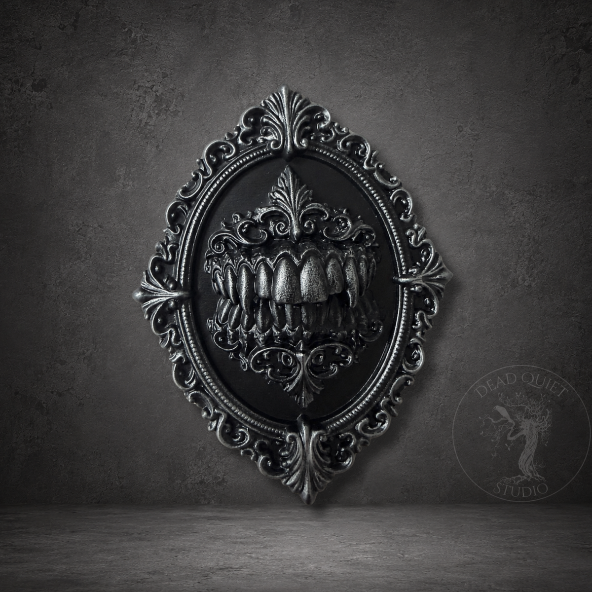 The Maw gothic monster teeth brooch with ornate black baroque frame
