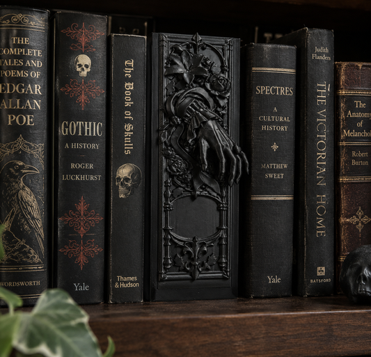 Victorian mourning book nook and curiosity box in matte black with ornate gothic hand and floral relief